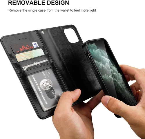 Vista 3 de Bocasal Funda tipo cartera compatible con iPhone 12 e iPhone 12 Pro con soporte para tarjetas de cuero PU magnética desmontable con soporte plegable