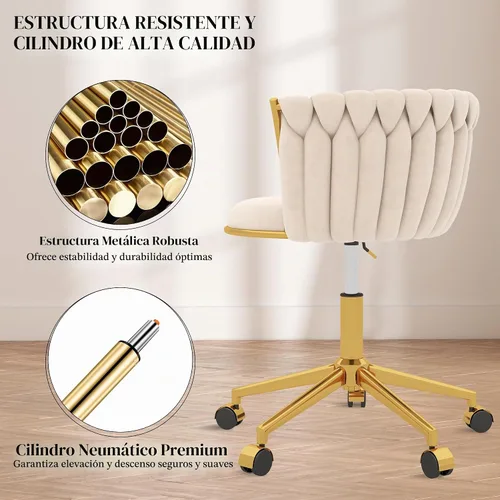 Vista 5 de Silla de escritorio moderna de terciopelo con ruedas, hermosa silla de tocador para niñas, color beige