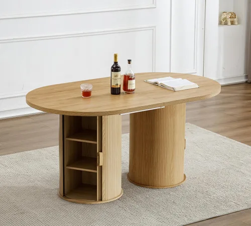 Vista 8 de Mesa de comedor redonda extensible con base de almacenamiento, mesa de comedor expandible natural de 63 a 94 pulgadas para 10 personas, mesa