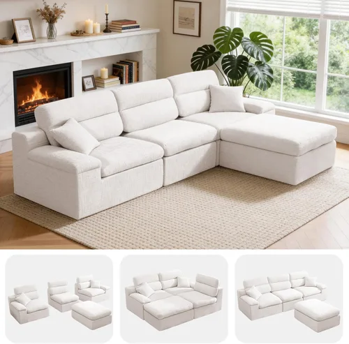 Vista 12 de Sofá modular en forma de L de 114 pulgadas con diván, sofá de pana sin hueso con otomana móvil, sofás de asiento profundo para sala de estar, sin