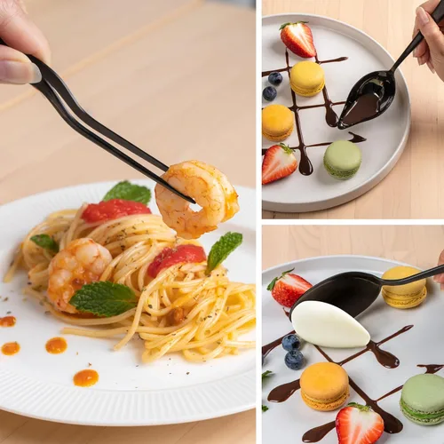 Vista 6 de Juego de 7 piezas de herramientas de chapado en negro (utensilios de chef profesionales) Kit de chef con 3 cucharas de chapado, 3 pinzas