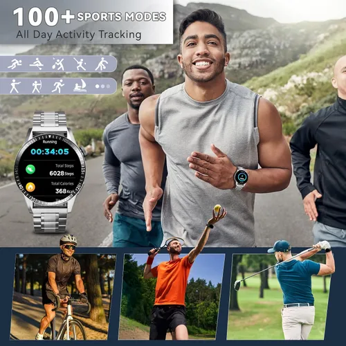 Vista 4 de Reloj inteligente para hombre con respuesta/hacer llamadas, 1.39 pulgadas HD siempre pantalla reloj de seguimiento de fitness con 190 modos