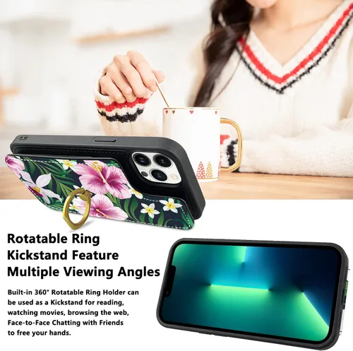 Vista 6 de Funda compatible con iPhone 13 Pro Max con tarjetero y rotación de 360°, soporte de anillo de dedo con función atril, bloqueo RFID, piel sintética