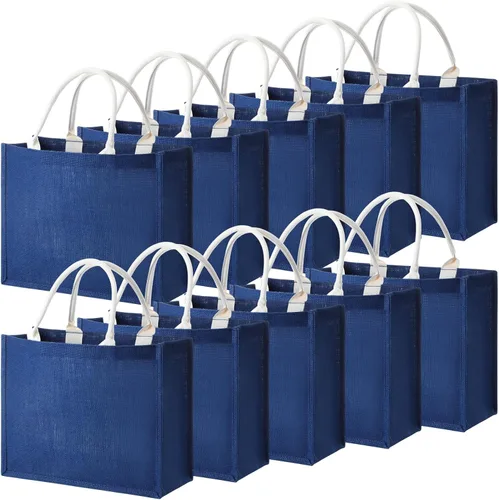 Vista 10 de Shappy Paquete de 10 bolsas de arpillera reutilizables en blanco, Verde Jute Tote, Grocery Bag, Bridesmaid Gifts, Bachelorette Party, Beach Trips