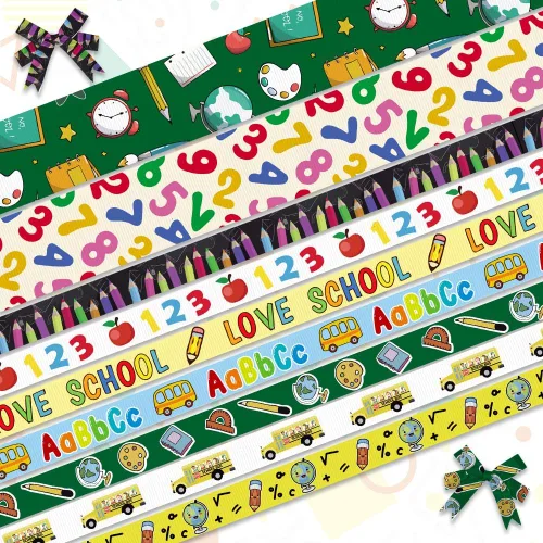 Vista 6 de ALIBBON 6 rollos de cinta de grogrén escolar de 30 yardas de 3/8 pulgadas y 1 pulgada para manualidades, decoración escolar, cintas de gnomo de 6