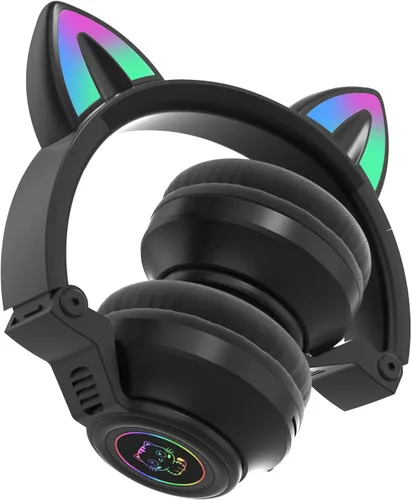 Vista 4 de Auriculares Bluetooth con orejas de gato Yusonic, auriculares inalámbricos para niños pequeños, niños y niñas, para Amazon Fire Negro