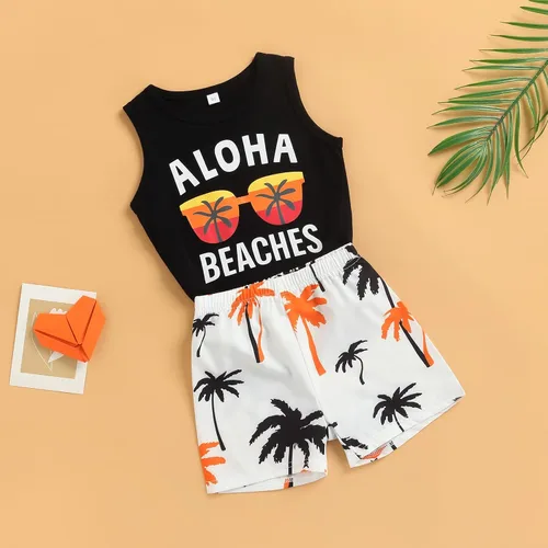 Vista 2 de Conjunto de pantalones cortos para niños pequeños, camiseta estampada junto al mar, 2 piezas, ropa de verano