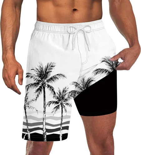 Vista 18 de Trajes de baño para hombre con forro de compresión 2 en 1 Shorts de tabla de 9 pulgadas de secado rápido con bolsillos Blanco