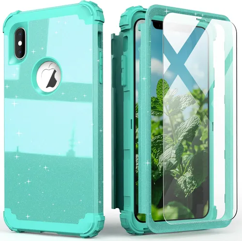 Vista 11 de IDweel Funda para iPhone Xs Max con protector de pantalla de vidrio templado, absorción de golpes 3 en 1, protección resistente, cubierta de Negro