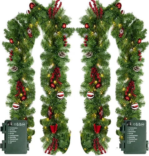 Vista 8 de Guirnalda de Navidad Nerosun de 2.7 m con 50 luces LED, guirnalda preiluminada operada con batería, decoraciones de Navidad con temporizador de 8