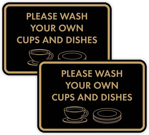 Vista 61 de Letrero clásico enmarcado con texto en inglés «Please Wash Your Own Cups and Dishes» (negro)