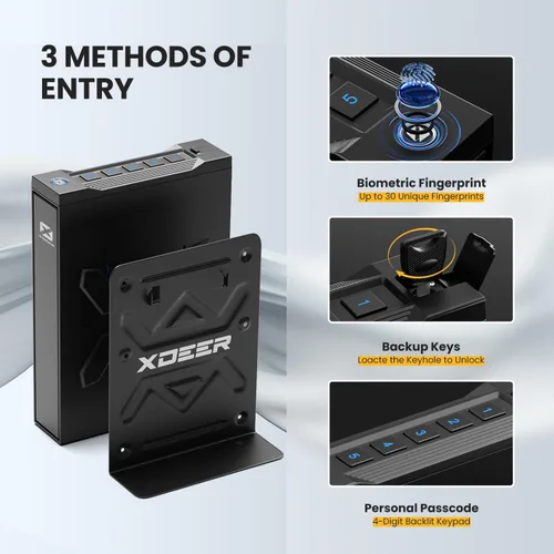 Vista 5 de XDeer Caja fuerte biométrica para pistola, caja fuerte para pistola deslizante, pistola de acceso rápido 0.1s para mesita de noche, mesita de noche