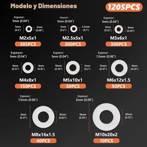 Vista 2 de Kit de surtido de 1205 arandelas planas de nailon - M2 M2.5 M3 M4 M5 M6 M8 M10 arandelas planas para tornillos y pernos - Arandelas de plástico White