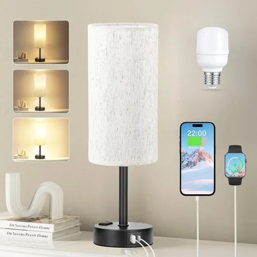 Vista 38 de Fenmzee Juego de lámparas de mesa pequeñas táctiles regulables de 2 a 3 vías, carga USB A + C, salida de CA, base de grano de madera, bombillas