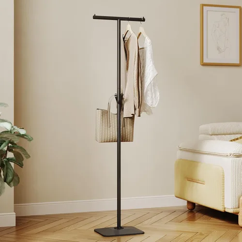 Vista 7 de Perchero moderno de pie, perchero de metal con base geométrica de hierro fundido y ganchos, soporte de percha en forma de T para abrigos, sombreros