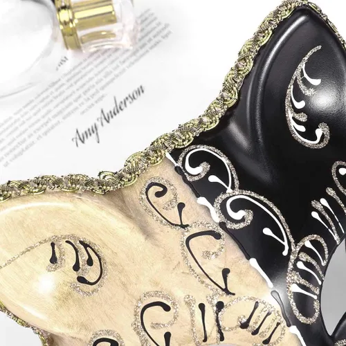 Vista 3 de Campsis Máscaras de gato Kabuki de animales, máscara de máscaras negras para Halloween, disfraz veneciano, máscaras de fiesta para mujeres y niñas