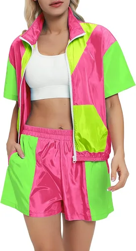 Vista 2 de Nhicdns Conjunto de 2 piezas para mujer, traje deportivo de los años 80 y 90, disfraz de fiesta de verano, chaqueta de manga corta con cremallera