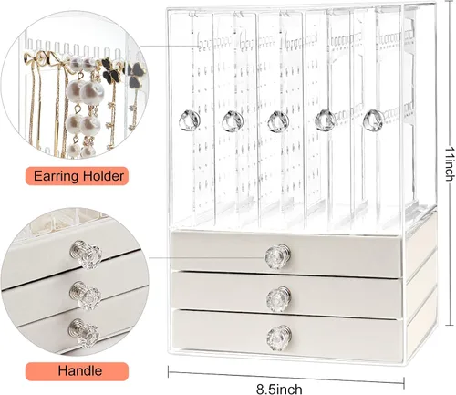 Vista 2 de Jenseits Acrylic Jewelry Holder, Clear Earring Organizer with 3 Drawers, Velvet Hanging Jewelry Stand Storage for Necklace Earrings Ring Bracelet