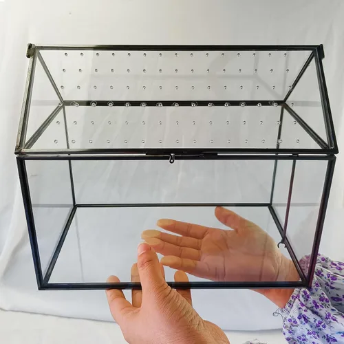 Vista 3 de HighFree Terrario geométrico de vidrio con tapa acrílica, terrario negro con forma de casa con agujeros de respiración para caracoles, suculentas