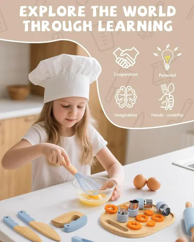 Vista 6 de Juego de cocina Montessori de madera para niños, herramientas de cocina reales y utensilios para hornear, kit de cocina de 15 piezas para niños