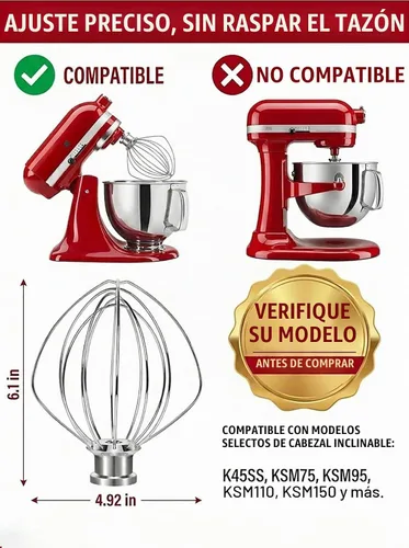 Vista 4 de Accesorio de batidor de 6 alambres compatible con batidora de pie KitchenAid de cabezal inclinable, reemplaza K45WW, acero inoxidable, batidor