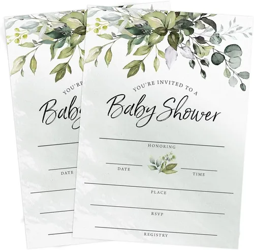 Vista 7 de Printed Party Invitaciones y sobres para baby shower, eucalipto verde, juego de 30