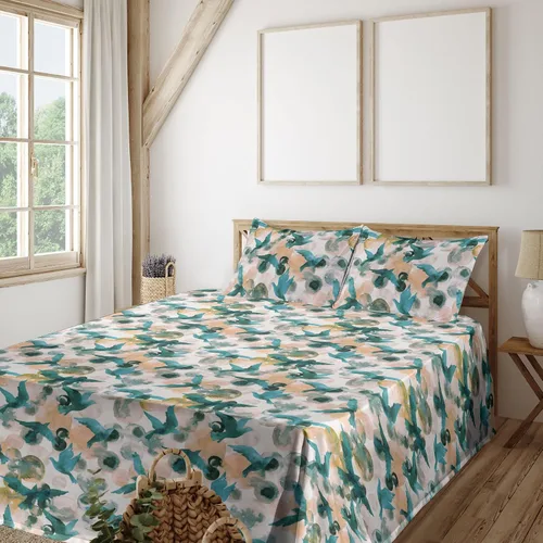 Vista 19 de Ambesonne Juego de sábanas vintage, diseño de curvas de inspiración victoriana, estampado de hojas y flores, sábana bajera y encimera con fundas
