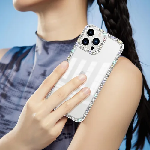 Vista 5 de Funda para iPhone 15, diseño de diamantes de imitación con purpurina, bonita para niñas y mujeres, con purpurina brillante y gemas de diseño