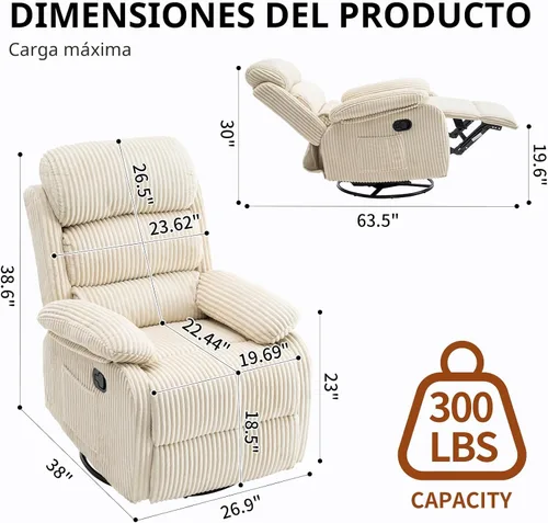 Vista 2 de Silla mecedora reclinable de 360° para adultos, silla reclinable para cuarto de bebé con bolsillo lateral, un cómodo sillón de sofá individual