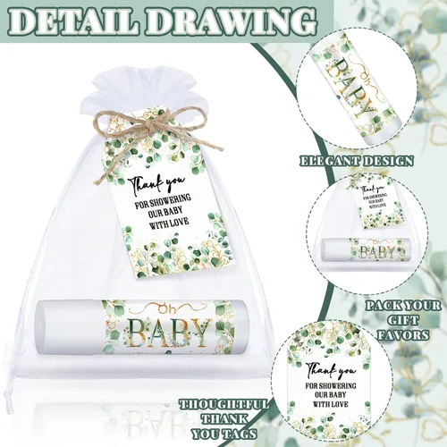 Vista 6 de Dunzy Paquete de 50 regalos de fiesta de baby shower, bálsamos labiales a granel para invitados, niños y niñas, juegos neutros de revelación