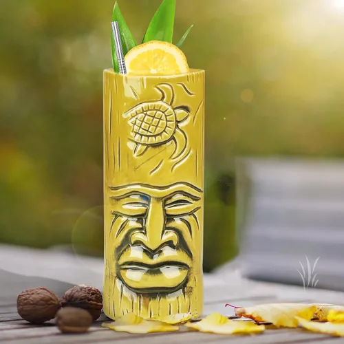 Vista 6 de SuproBarware Tiki - Juego de 2 tazas de cerámica para fiestas con pajitas, juego de tazas creativas grandes hawaianas grandes para bar