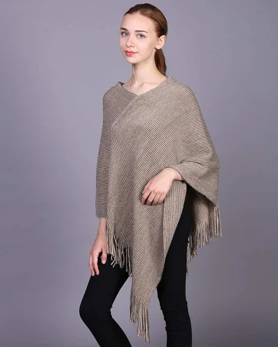 Vista 5 de Poncho para mujer cuello en V suéter de punto chales capas con flecos regalos para mujeres y madres