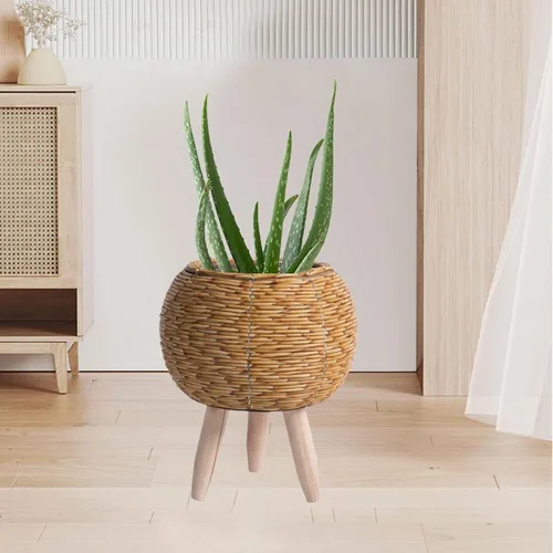 Vista 4 de Gazechimp Maceta tejida con patas, cesta rústica de ratán para balcón, apartamento, decoración de sala de dibujo, color marrón claro