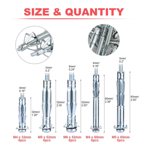 Vista 5 de Molly - Tornillos para paneles de yeso para pared de yeso, anclajes huecos de pared Paick de metal resistente y kit de tornillos para paredes