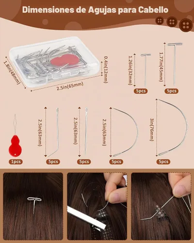 Vista 3 de FIVEIZERO 3 rollos de hilo de extensión de cabello con 30 agujas T/C/J/I utilizando, hilos de tejido de cabello negro, aguja para coser e hilo