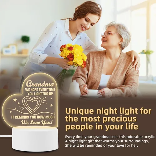 Vista 8 de Regalos Bestview para abuela - Delicados regalos de cumpleaños para abuela de nietos - Luz nocturna acrílica LED lámpara de noche para cama