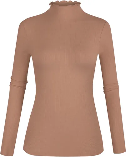 Vista 23 de POPZONE - Camiseta de manga larga con cuello alto falso, ajustada, de punto acanalado con ribete de lechuga para mujer
