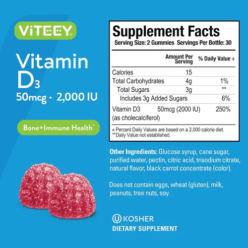 Vista 4 de Viteey Gomitas de vitamina D3 para adultos y adolescentes, 2,000 UI, 50 mcg, fuerza regular, salud muscular, refuerzo inmunológico, gomitas