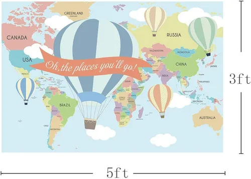 Vista 2 de MEHOFOND Mapa de viaje, decoración de fiesta de cumpleaños, telón de fondo de viaje alrededor del mundo, globo aerostático Oh The Places You Will Go