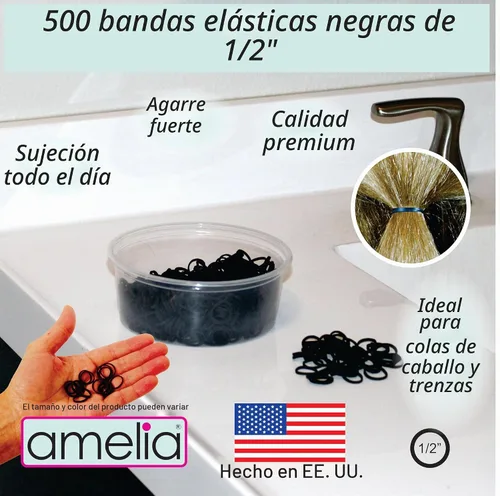 Vista 2 de 500 unidades de gomitas en contenedor de rejillas para colas de caballo y trenzas., Negro