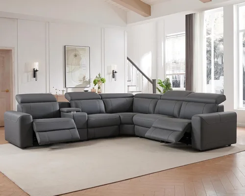 Vista 9 de Sofá Reclinable Eléctrico AMERLIFE, Sofá Reclinable con Consola y Reclinación Dual, Sofá Seccional de Cuero para Sala de Estar, Beige Marrón