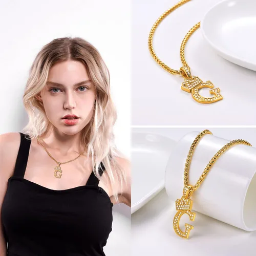 Vista 4 de U7 Collar con inicial de corona de la A a la Z, colgante de letra con cadena de 22 a 24 pulgadas, para hombres y mujeres, joyería con nombre