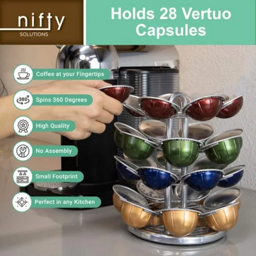 Vista 4 de Nifty Vertuoline - Carrusel de cápsulas de café, acabado de níquel cromado, soporte para cápsulas de 28 cápsulas, gira 360 grados, plataforma Lazy