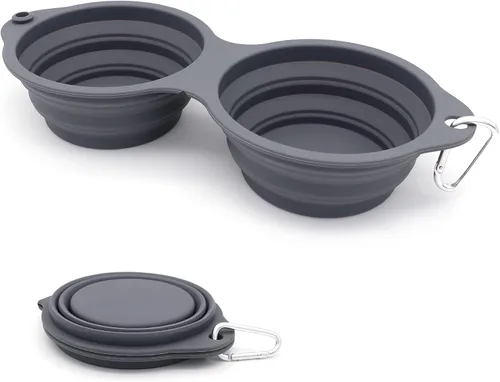 Vista 8 de SLSON Cuencos plegables para perros, cuenco doble integrado para perro, sin borde de plástico, 2 en 1, plegable para comida y agua para mascotas