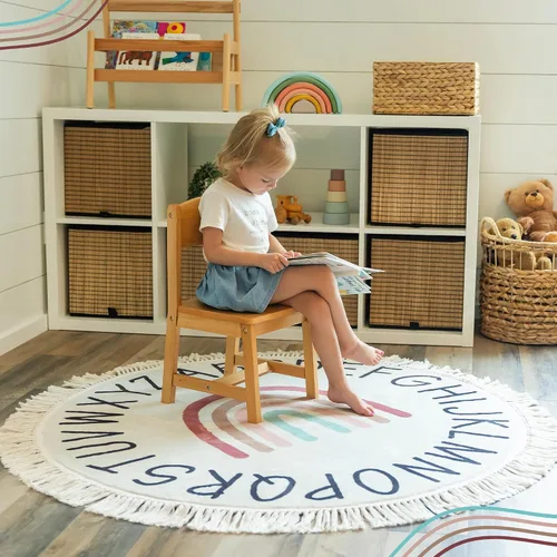 Vista 7 de ABC Lovely - Alfombra bohemia con diseño de arco iris, alfombra redonda de 4 pies para sala de juegos de niños pequeños, alfombra redonda para aula