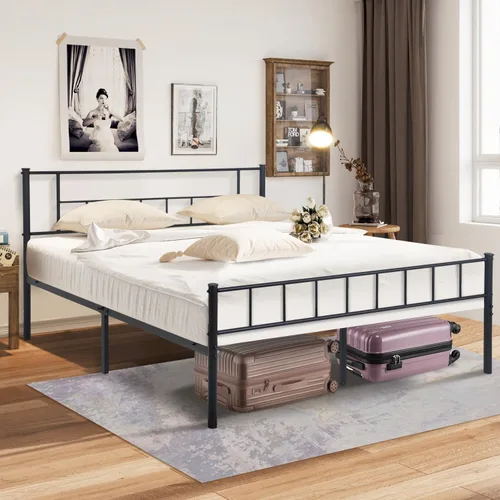 Vista 7 de Dkelincs Base de cama tamaño King con cabecero y tabla de pie, marco de cama de plataforma de metal de acero resistente, almacenamiento reservado
