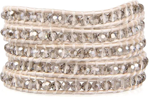 Vista 3 de KELITCH Pulsera de 5 envolturas con cuentas de cristal gris de moda, pulseras de amistad de cuero, joyería para mujer, Cristal, Ágata