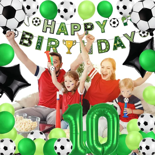 Vista 4 de Decoraciones de fiesta de cumpleaños número 10 para niños, decoraciones de fiesta de cumpleaños de fútbol, pancarta de feliz cumpleaños, suministros