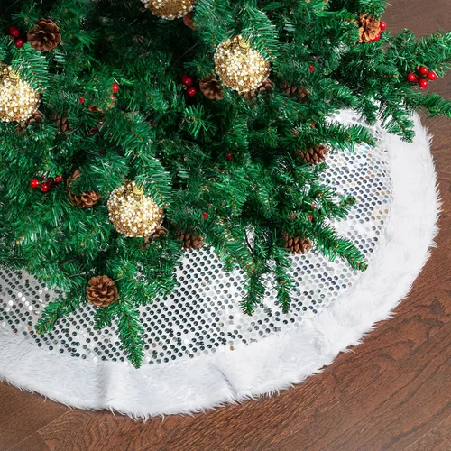 Vista 22 de Mr. Pen - Falda de árbol de Navidad de 48 pulgadas, lentejuelas negras brillantes con faldas de árbol de Navidad de piel sintética blanca Negro