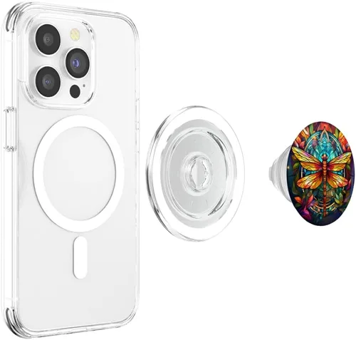 Vista 4 de PopSockets MagSafe PopGrip de mosaico de vitrales coloridos estilo libélula para iPhone